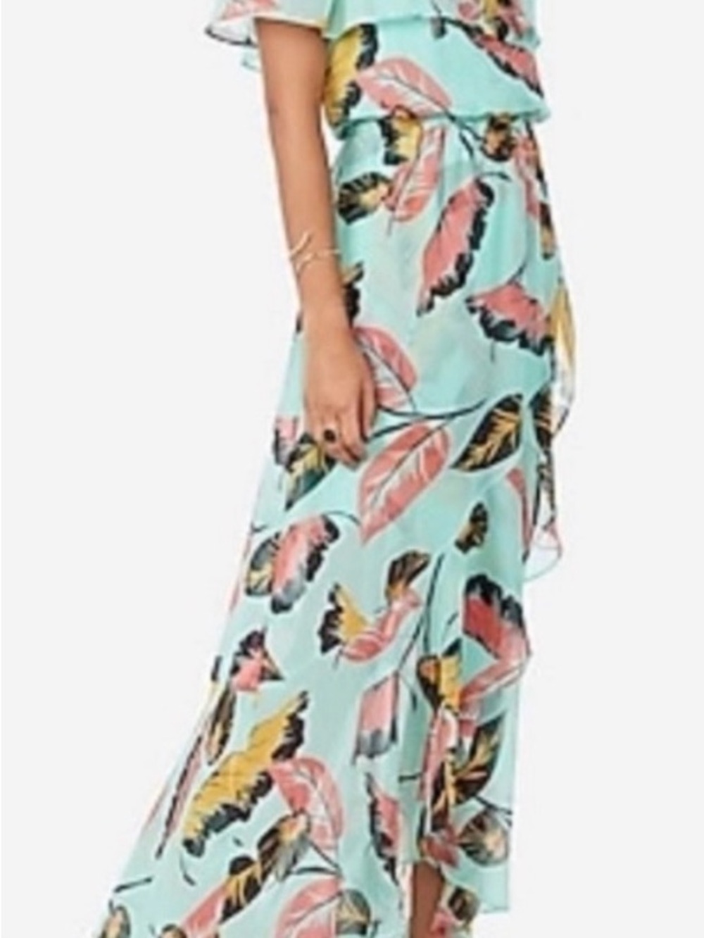 Express Tropical Floral Mint Maxi Dress Pink Yellow Leaf Print, Size XXS